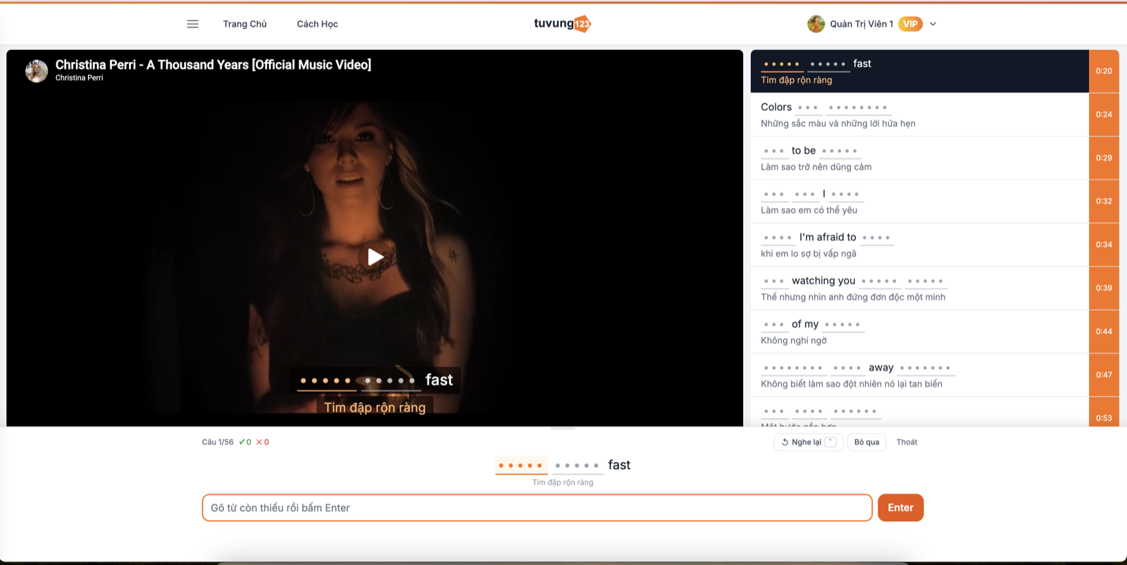 Bài tập luyện nghe điền từ còn thiếu khi xem video trên Tuvung123