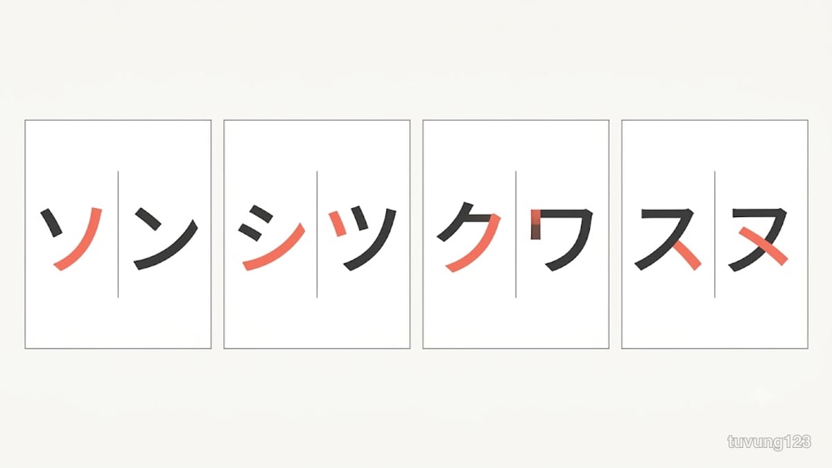 Bốn cặp katakana hay lẫn: ソ và ン, シ và ツ, ク và ワ, ス và ヌ, mỗi cặp chỉ rõ nét khác nhau