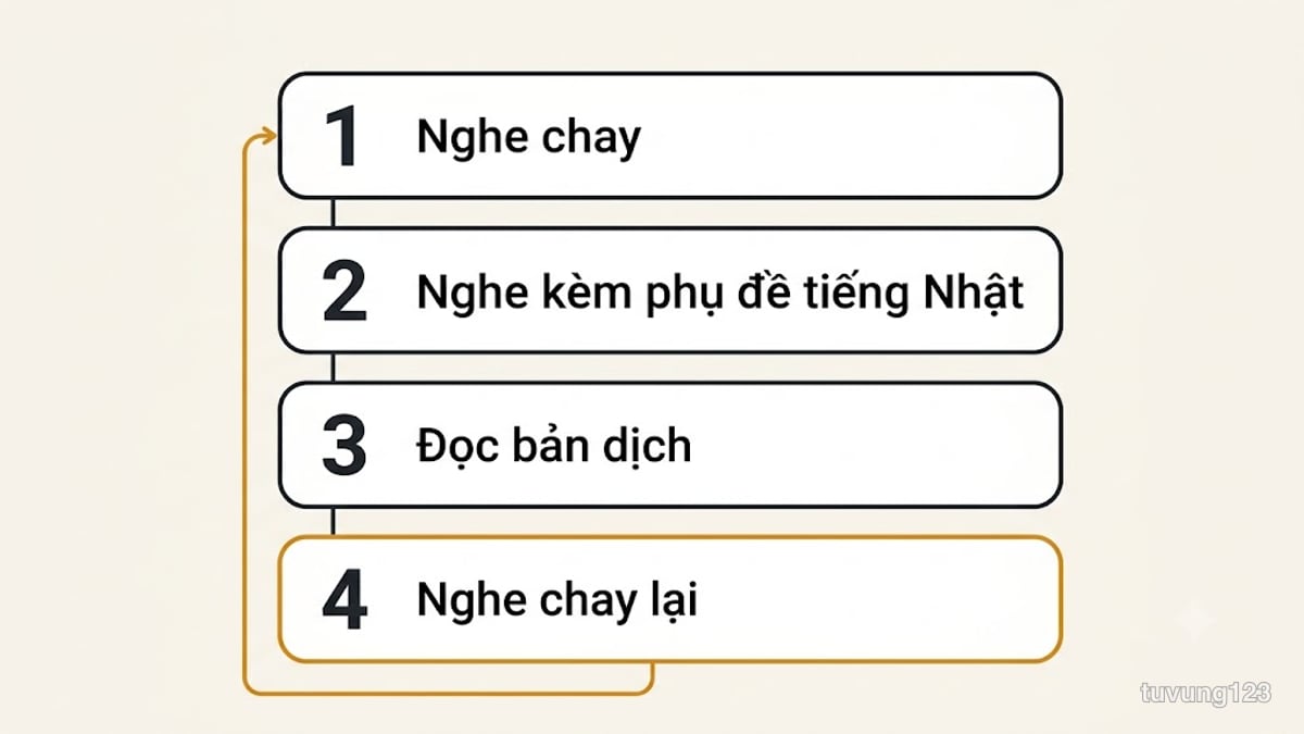 Sơ đồ bốn lượt nghe một đoạn 30 giây: nghe chay, nghe kèm phụ đề, đọc bản dịch, nghe chay lại