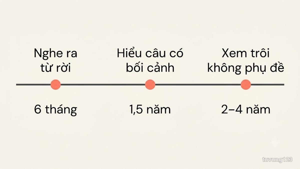 Ba mốc nghe hiểu tiếng Nhật xếp theo thời gian: nghe ra từ rời, hiểu câu có bối cảnh, xem trôi không phụ đề