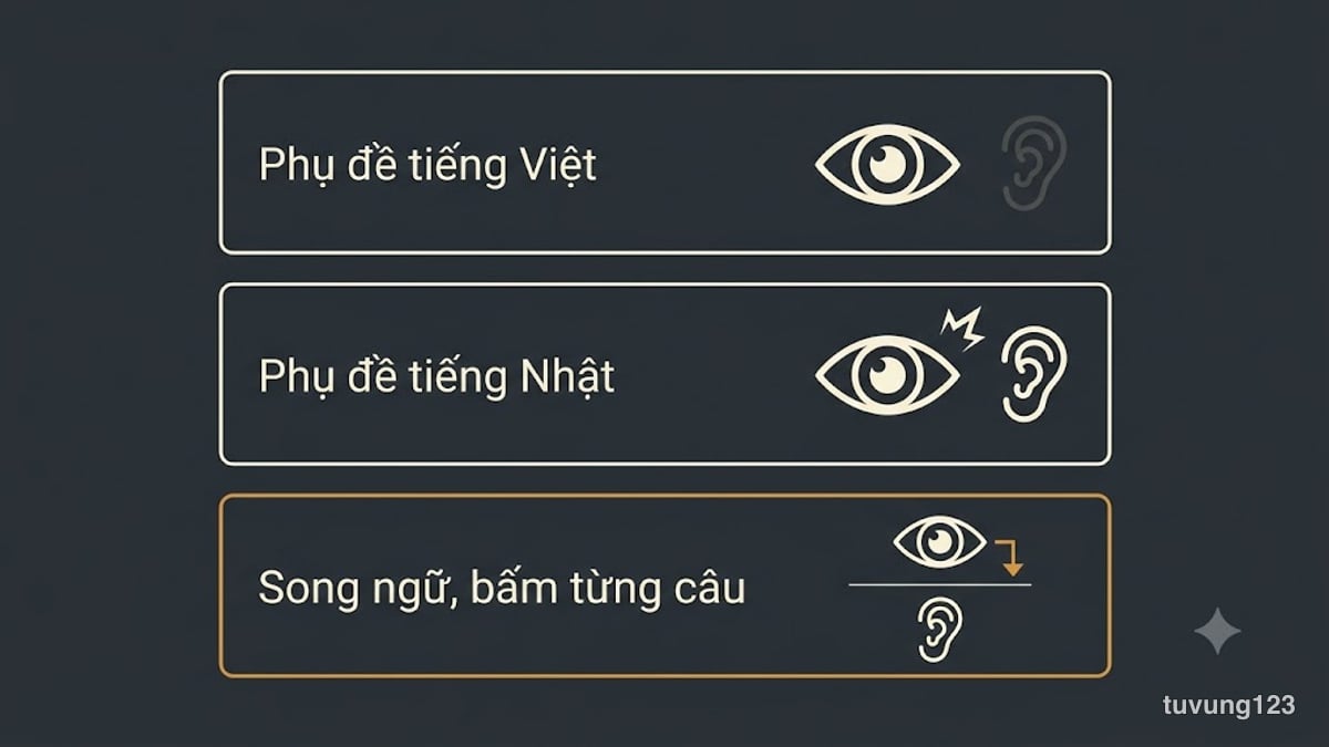 Ba kiểu xem: phụ đề tiếng Việt thì mắt làm việc, phụ đề tiếng Nhật thì tai quá tải, song ngữ xem từng câu thì hiểu trước rồi nghe lại