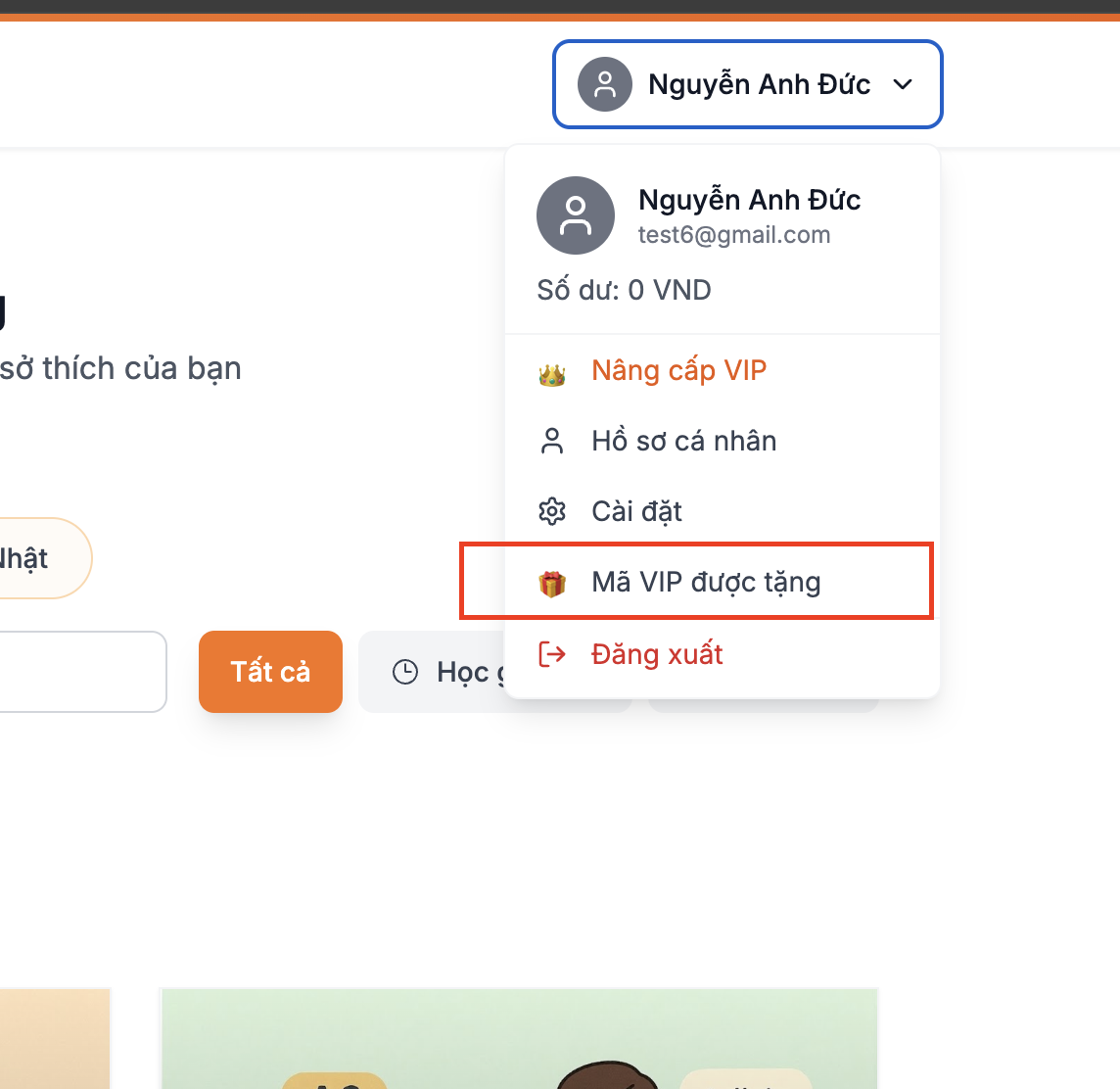 Menu Mã VIP được tặng
